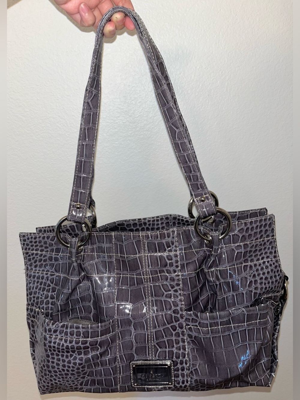 Rosetti Croc-Embossed Shoulder Tote in Charcoal Gray